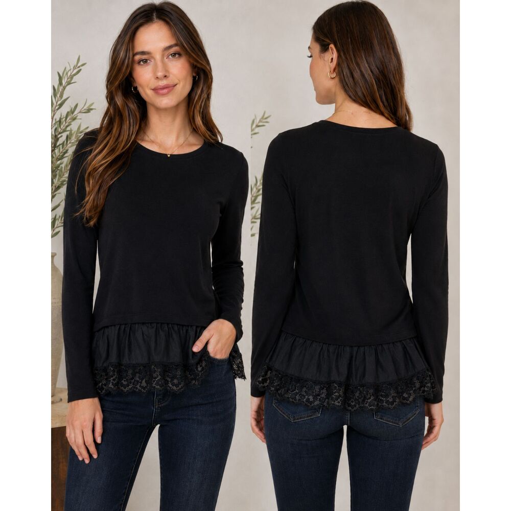 Rebecca Taylor XS Black Silk Lace Hem Mixed Media Long Sleeve Sweater Top